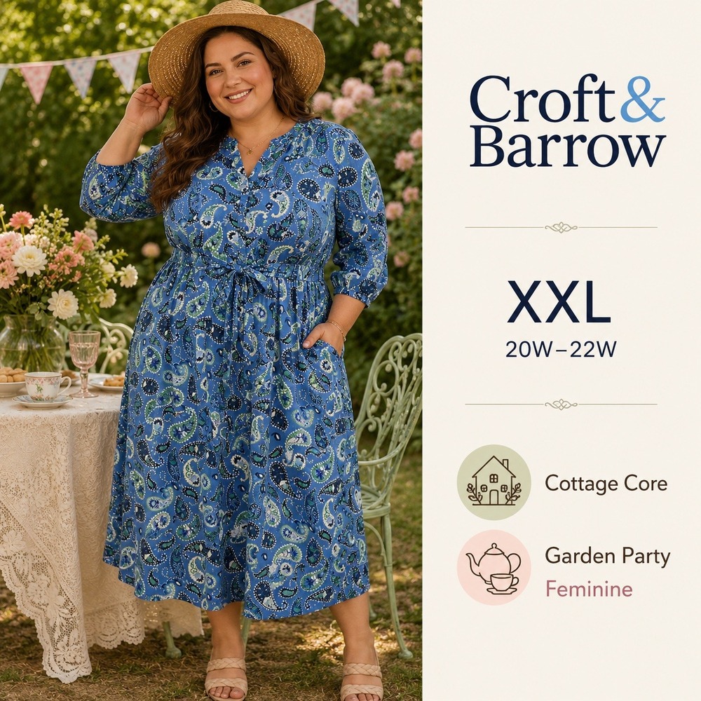Croft & Barrow Paisley Shirt Dress Women XXL Blue Midi 3/4 Sleeve Garden Cottage